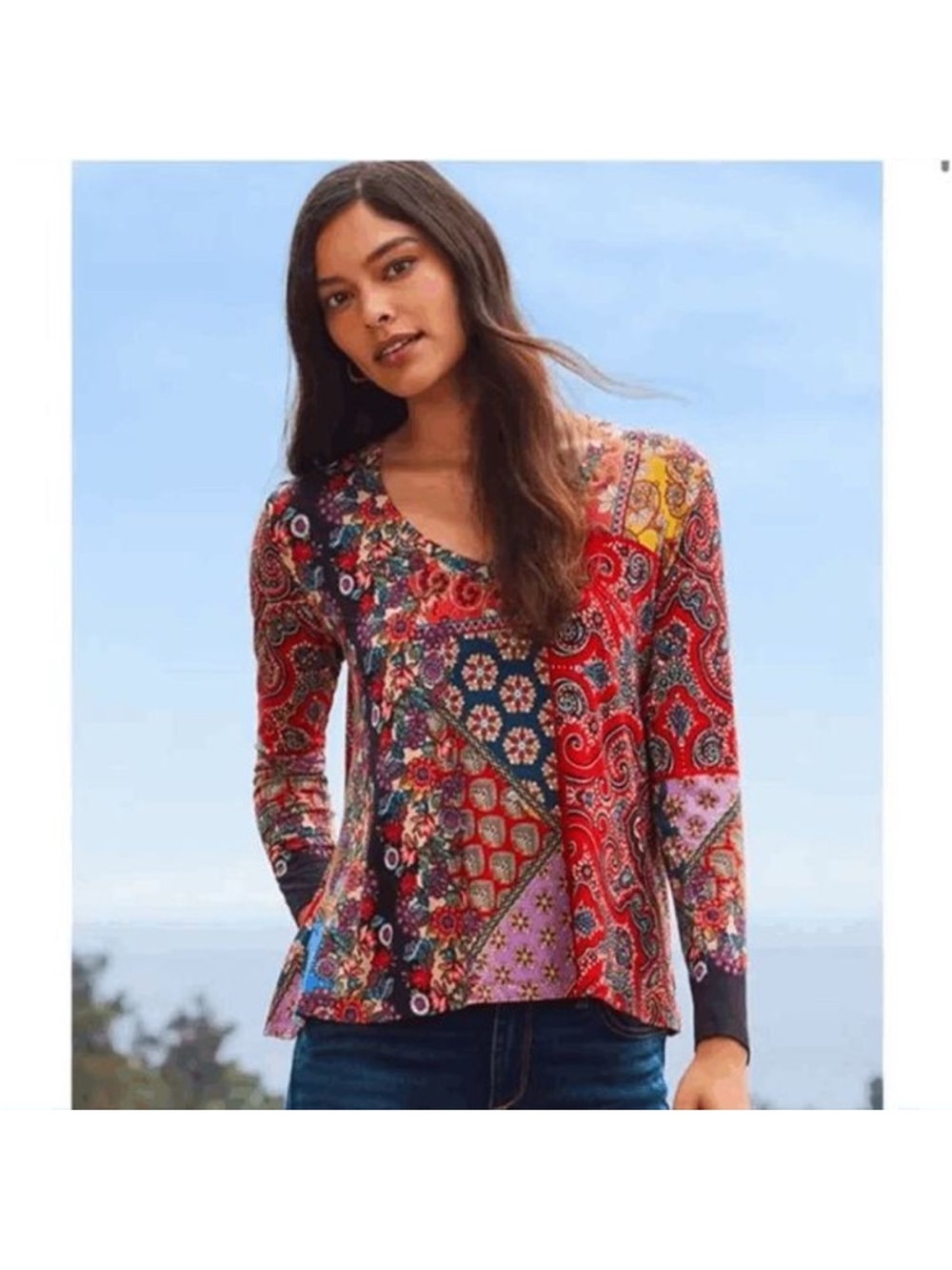 Johnny Was Moa Favorite Long Sleeve Swing Tee Floral Multicolor V-Neck Size Larg